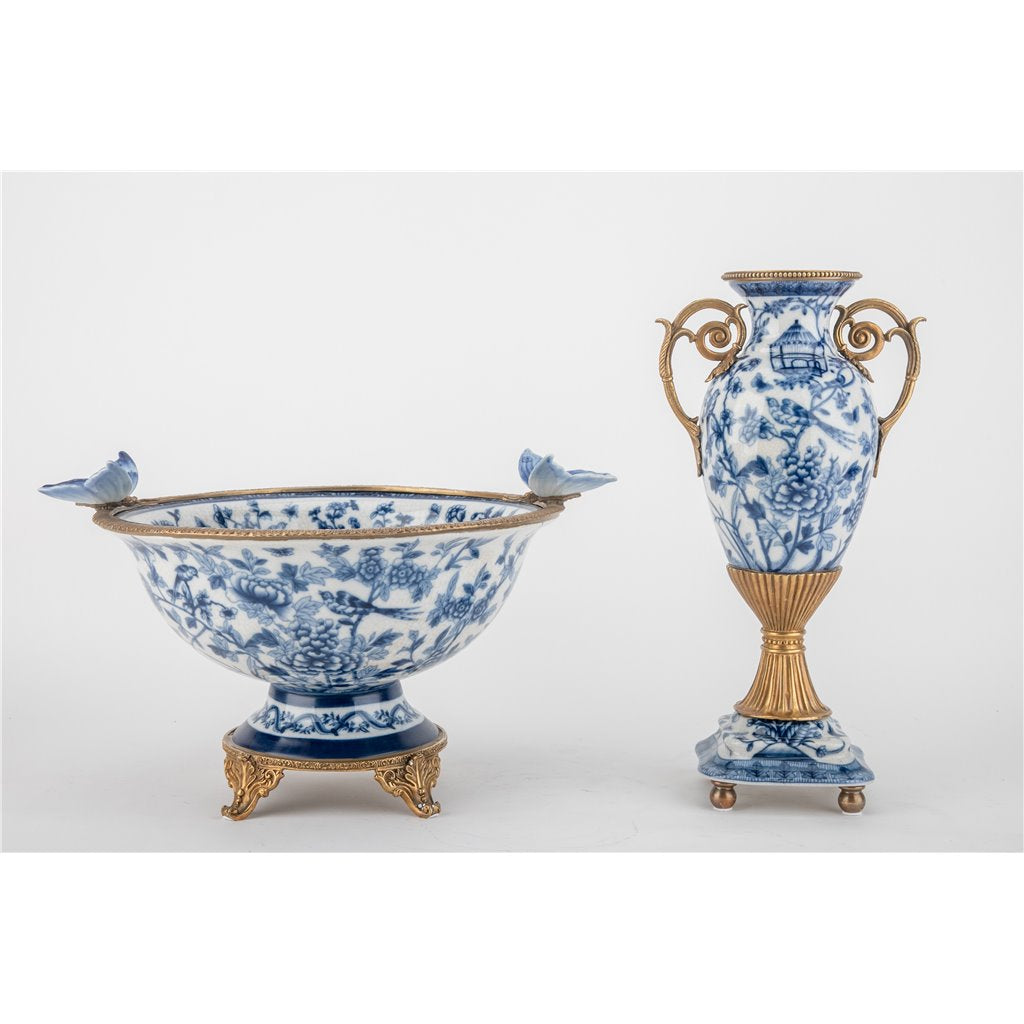 Danny's Fine Porcelain Home Decor Danny's Fine Porcelain Porcelain Footed Bowl with Butterfly Handles-Blue Bird