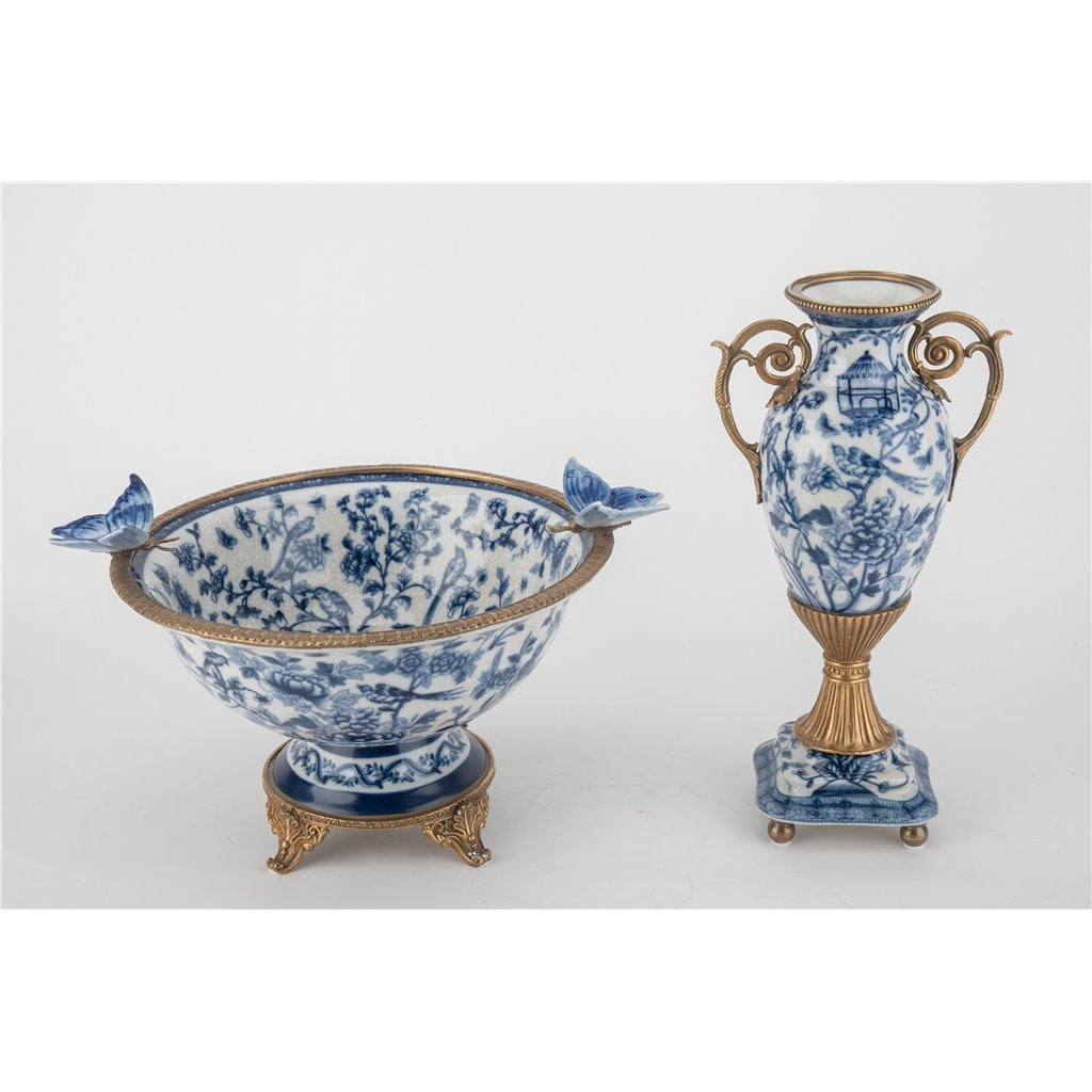 Danny's Fine Porcelain Home Decor Danny's Fine Porcelain Porcelain Footed Bowl with Butterfly Handles-Blue Bird
