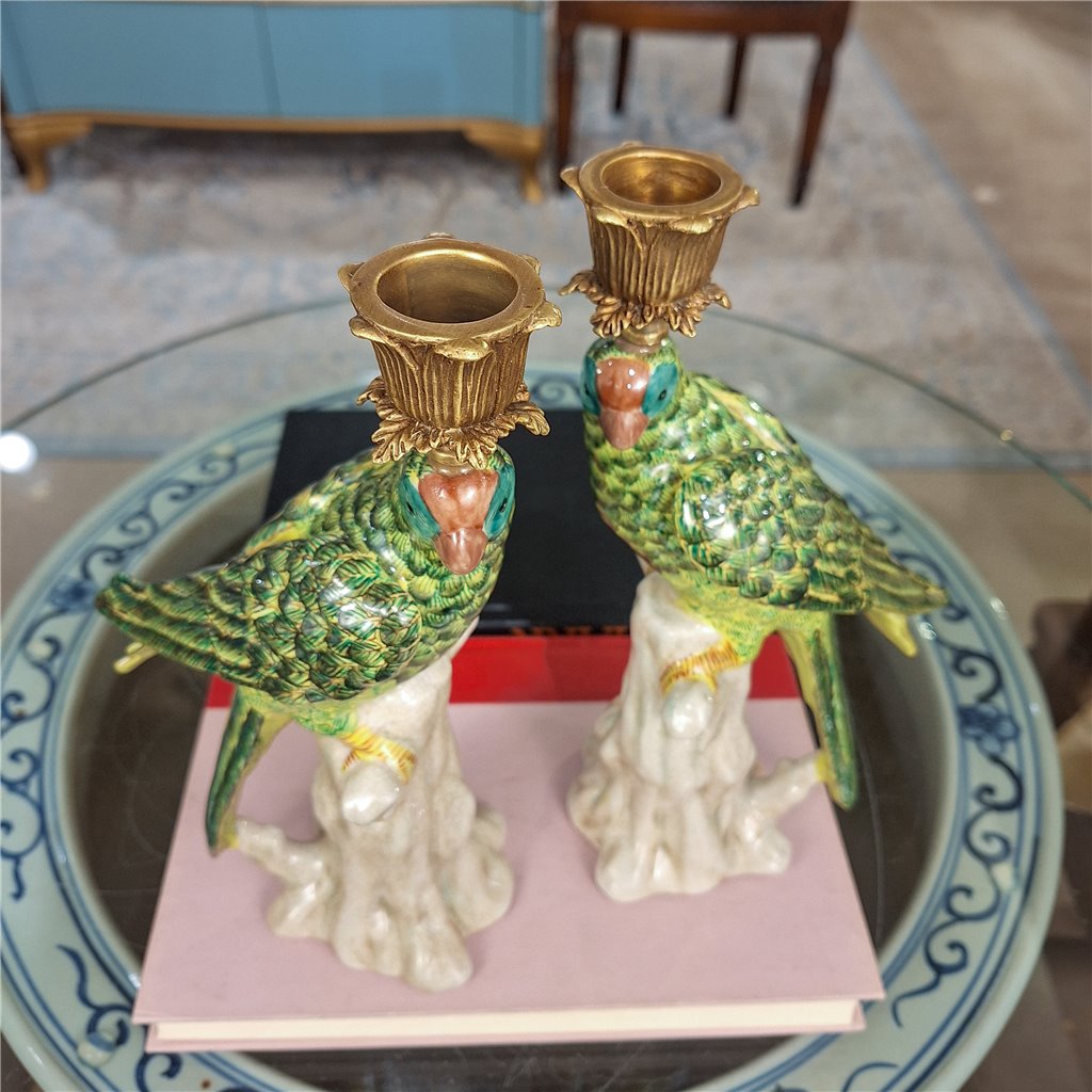 Danny's Fine Porcelain Home Decor Danny's Fine Porcelain Porcelain Green Parrot Candleholder Pair
