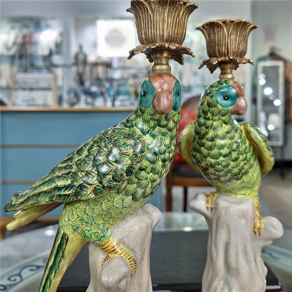 Danny's Fine Porcelain Home Decor Danny's Fine Porcelain Porcelain Green Parrot Candleholder Pair