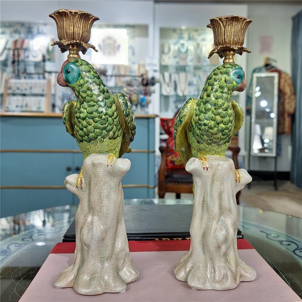 Danny's Fine Porcelain Home Decor Danny's Fine Porcelain Porcelain Green Parrot Candleholder Pair