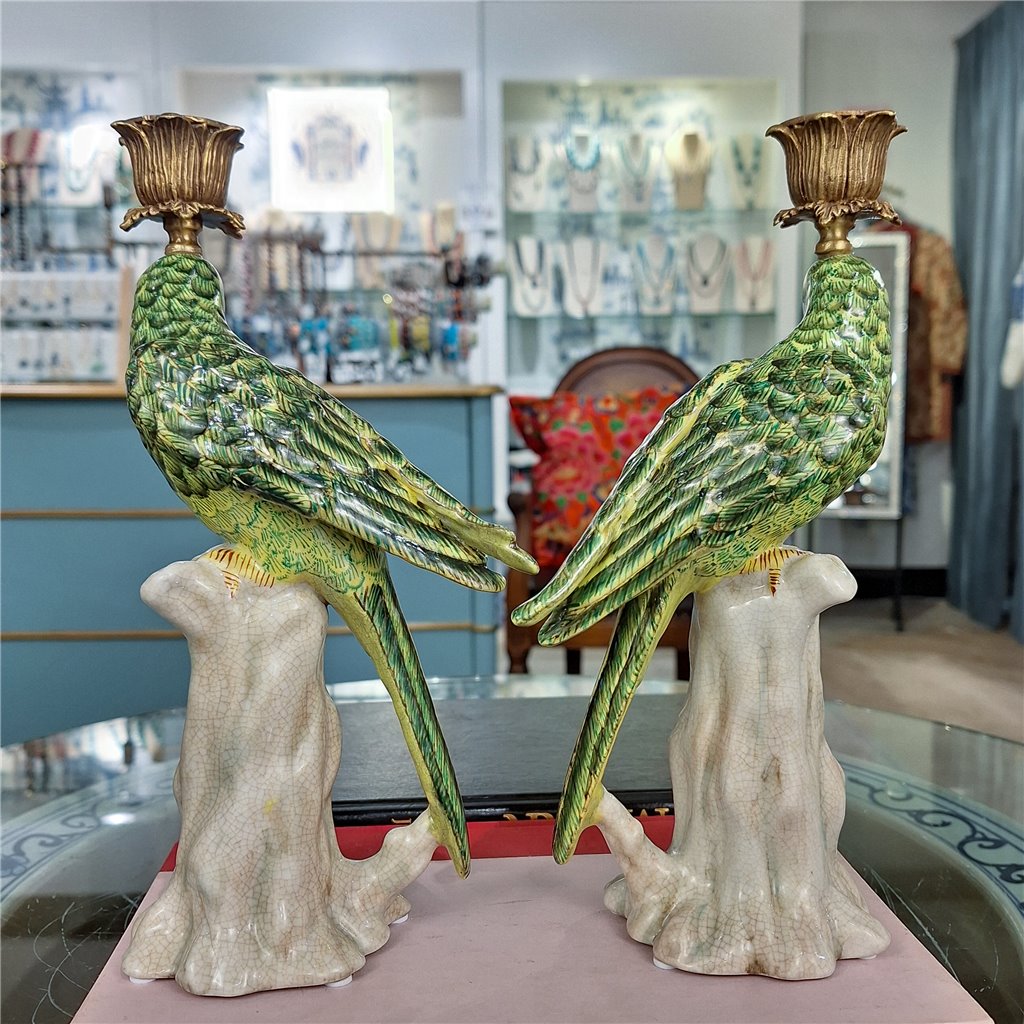 Danny's Fine Porcelain Home Decor Danny's Fine Porcelain Porcelain Green Parrot Candleholder Pair