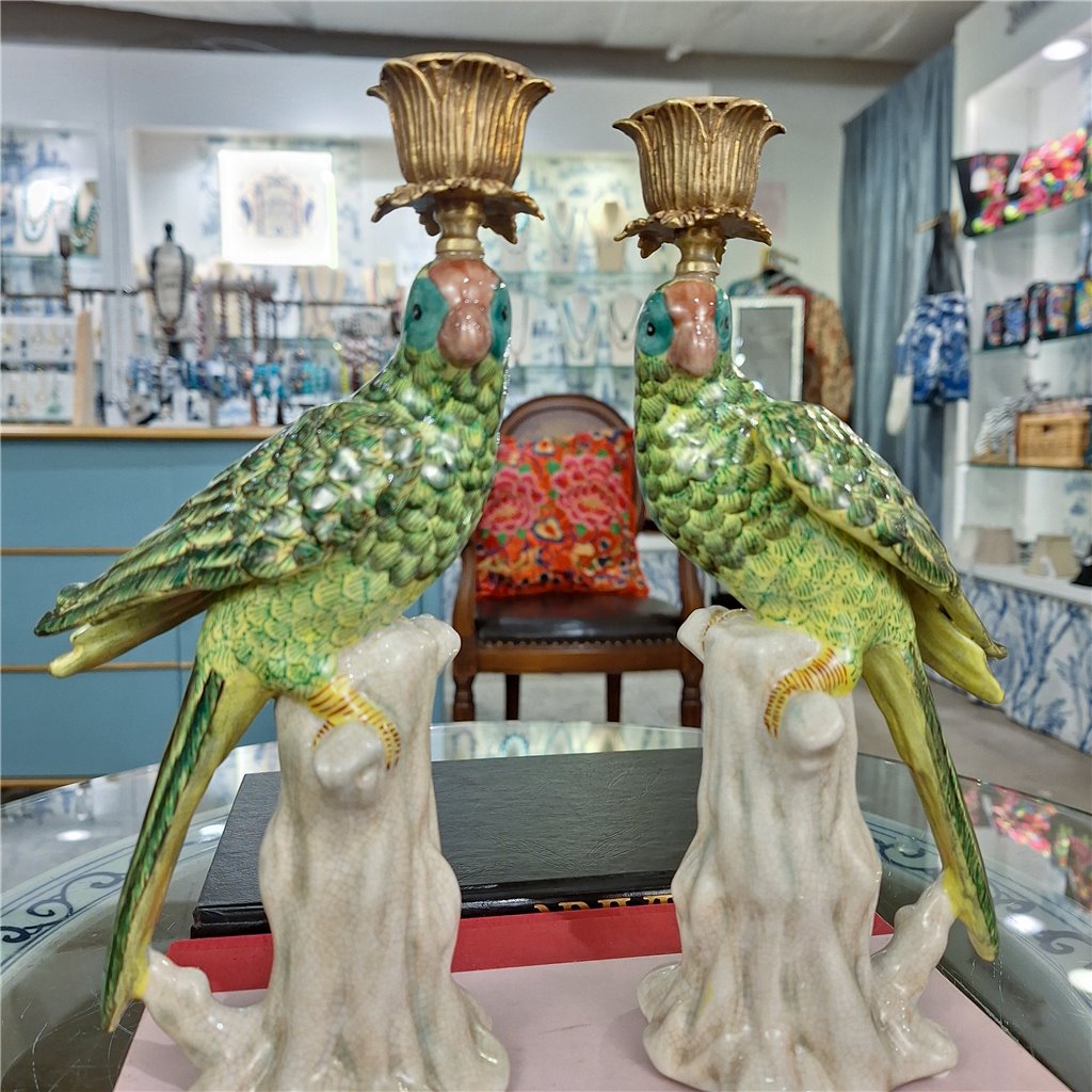 Danny's Fine Porcelain Home Decor Danny's Fine Porcelain Porcelain Green Parrot Candleholder Pair