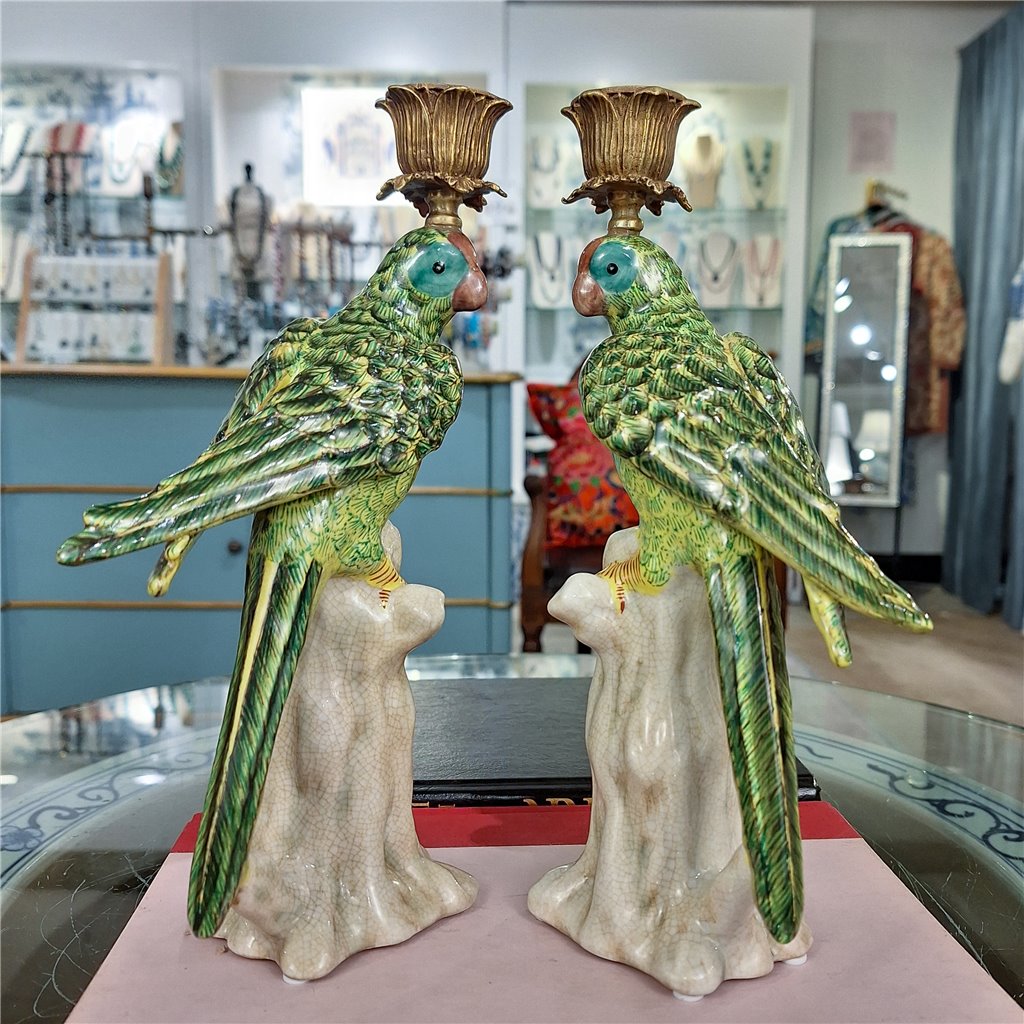 Danny's Fine Porcelain Home Decor Danny's Fine Porcelain Porcelain Green Parrot Candleholder Pair
