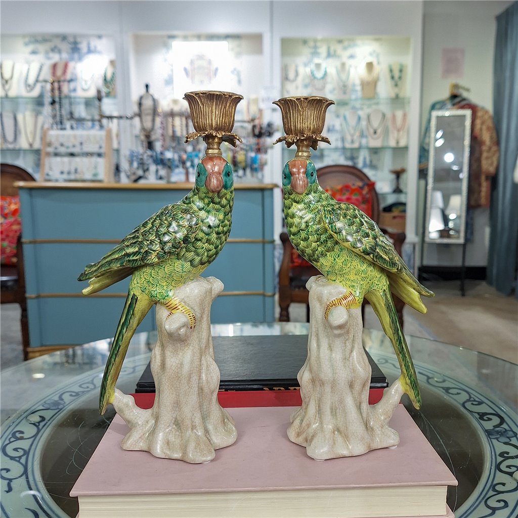Danny's Fine Porcelain Home Decor Danny's Fine Porcelain Porcelain Green Parrot Candleholder Pair