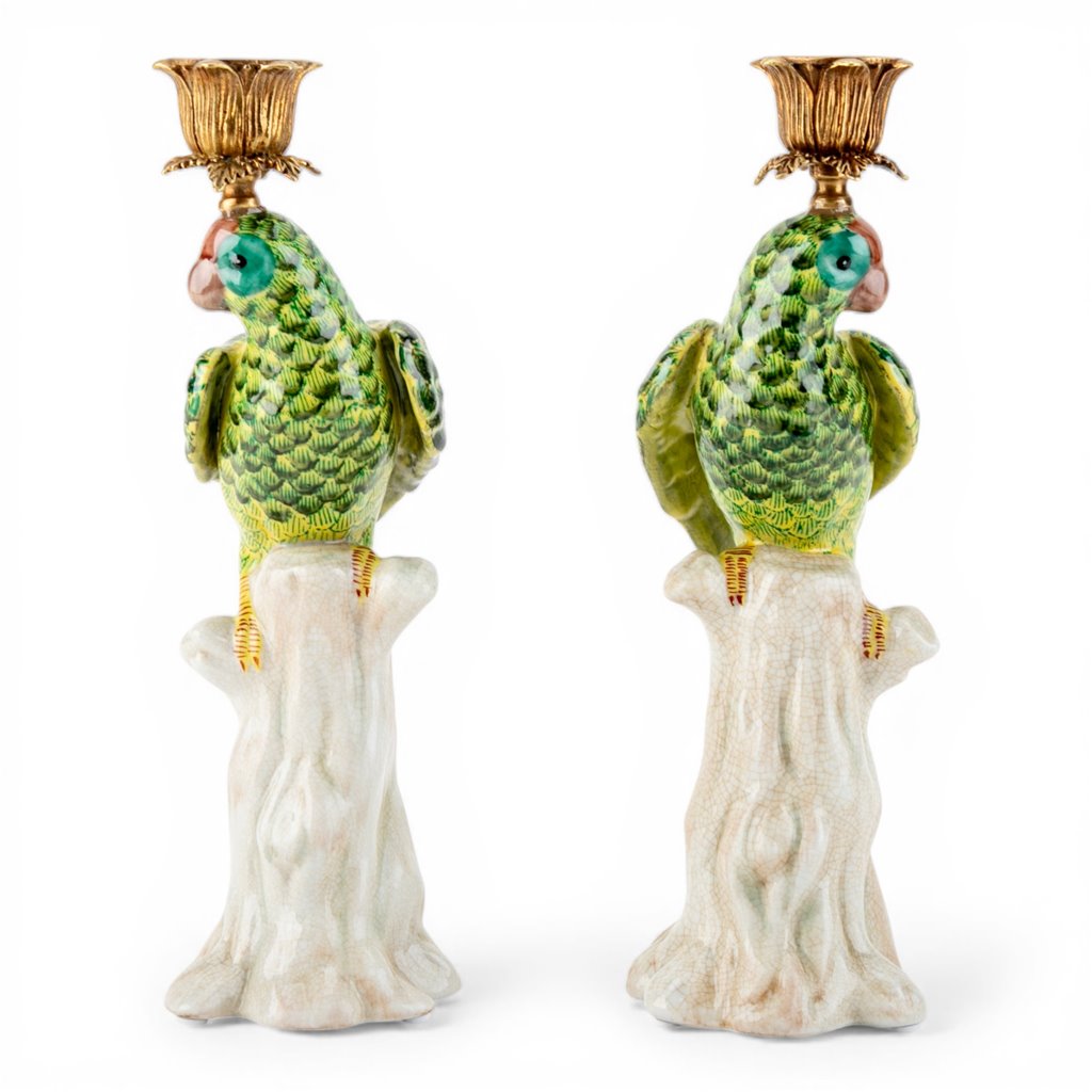 Danny's Fine Porcelain Home Decor Danny's Fine Porcelain Porcelain Green Parrot Candleholder Pair