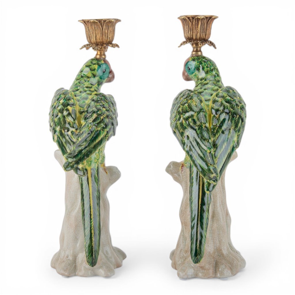 Danny's Fine Porcelain Home Decor Danny's Fine Porcelain Porcelain Green Parrot Candleholder Pair