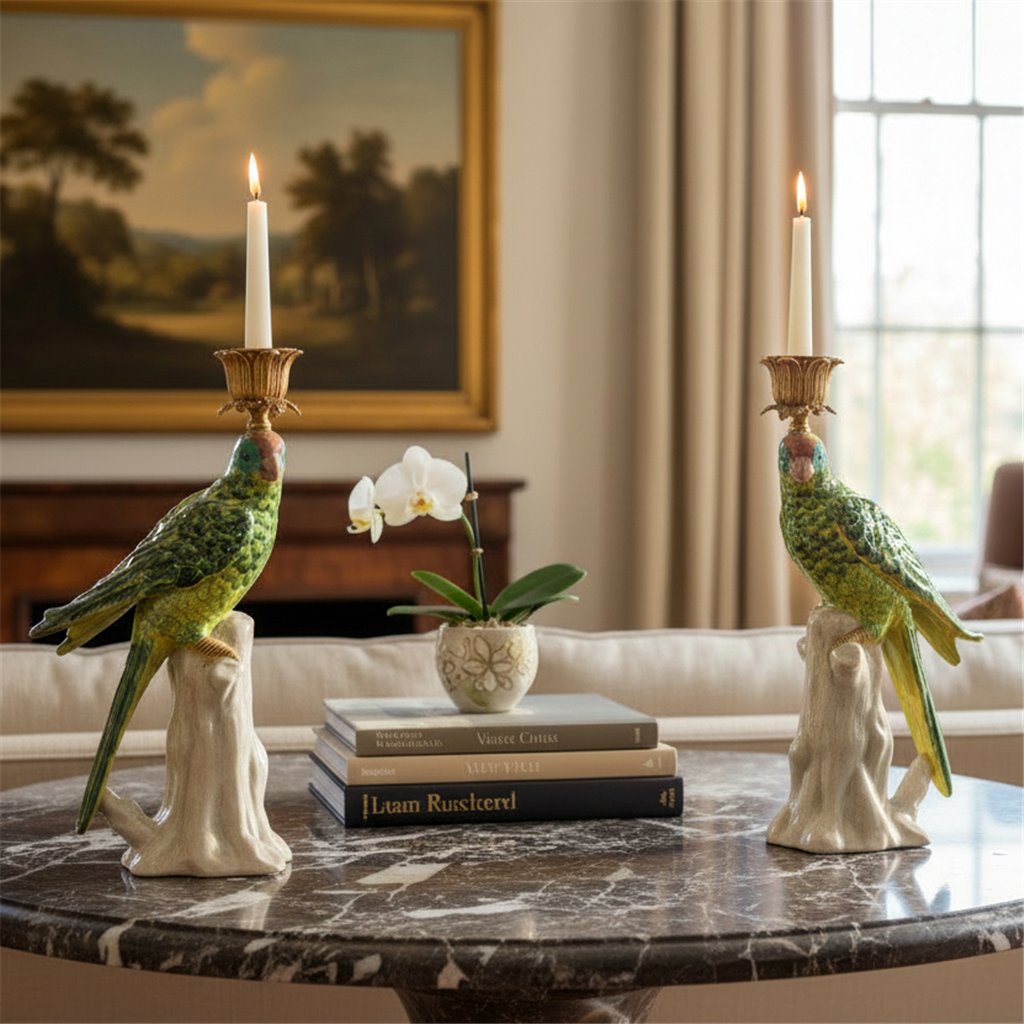 Danny's Fine Porcelain Home Decor Danny's Fine Porcelain Porcelain Green Parrot Candleholder Pair