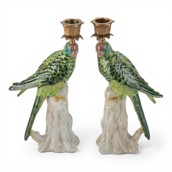 Danny's Fine Porcelain Home Decor Danny's Fine Porcelain Porcelain Green Parrot Candleholder Pair