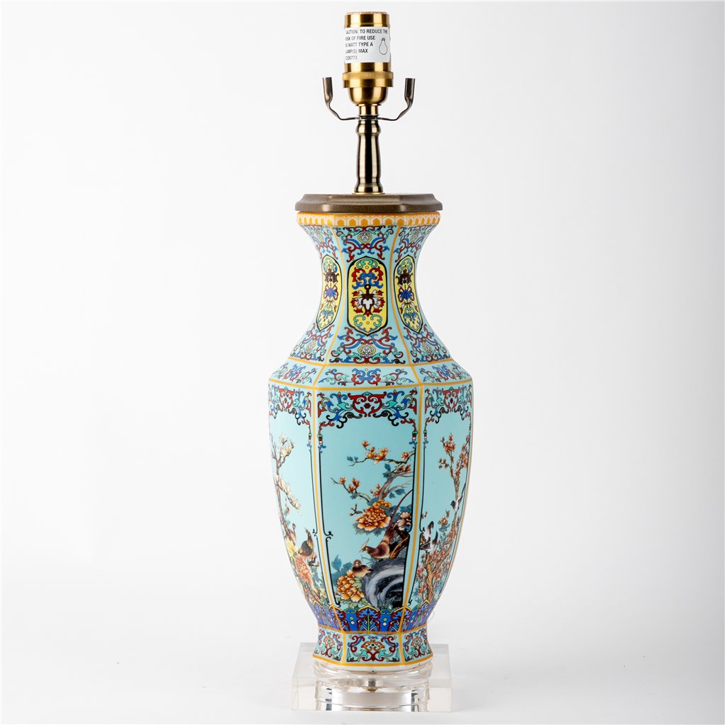 Danny's Fine Porcelain Home Decor Danny's Fine Porcelain Porcelain Hexagonal Lamp – Bird & Floral Motif
