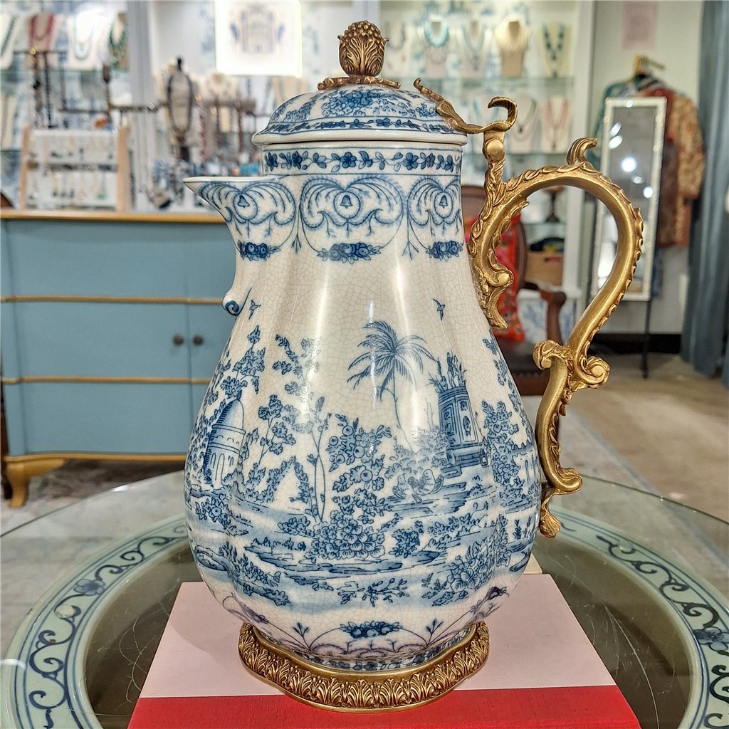 Danny's Fine Porcelain Home Decor Danny's Fine Porcelain Porcelain Hinged Lidded Pitcher with Bronze Ormolu - Blue Scroll