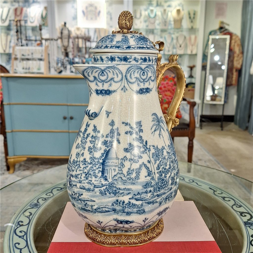 Danny's Fine Porcelain Home Decor Danny's Fine Porcelain Porcelain Hinged Lidded Pitcher with Bronze Ormolu - Blue Scroll