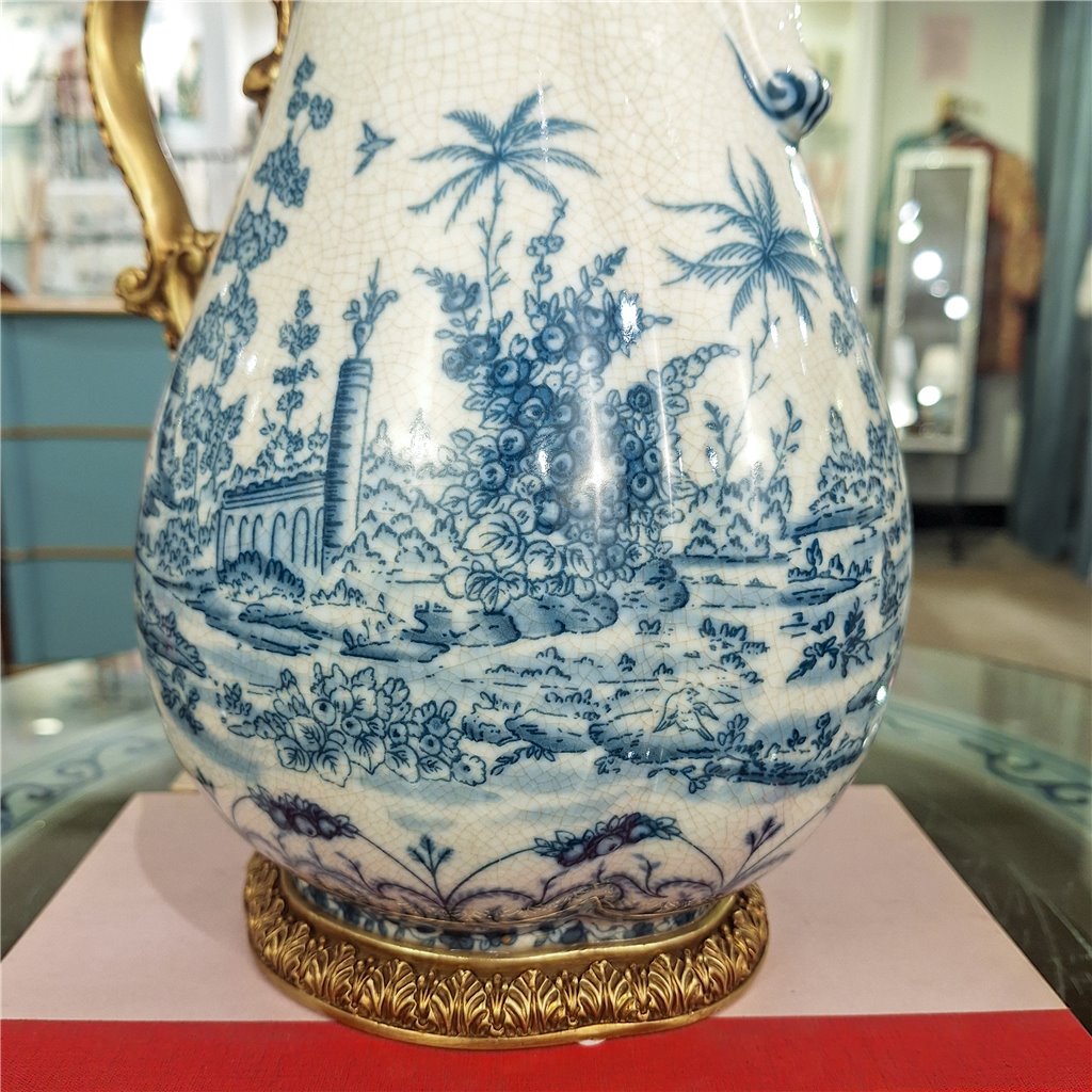 Danny's Fine Porcelain Home Decor Danny's Fine Porcelain Porcelain Hinged Lidded Pitcher with Bronze Ormolu - Blue Scroll