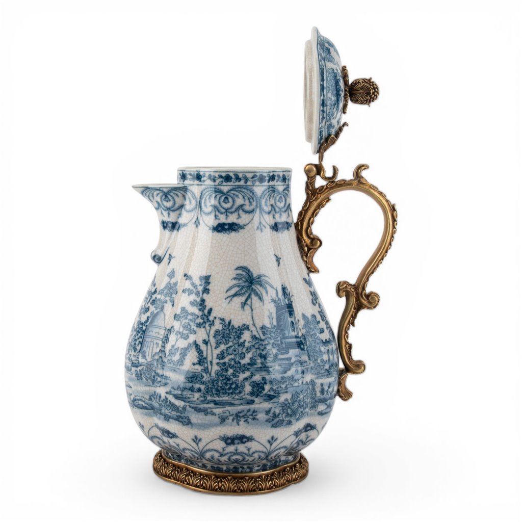 Danny's Fine Porcelain Home Decor Danny's Fine Porcelain Porcelain Hinged Lidded Pitcher with Bronze Ormolu - Blue Scroll