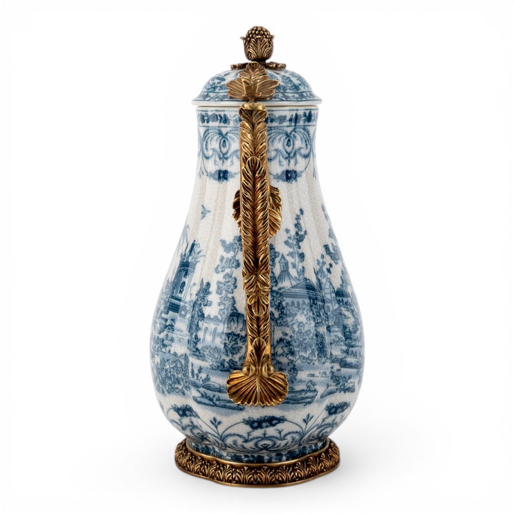 Danny's Fine Porcelain Home Decor Danny's Fine Porcelain Porcelain Hinged Lidded Pitcher with Bronze Ormolu - Blue Scroll