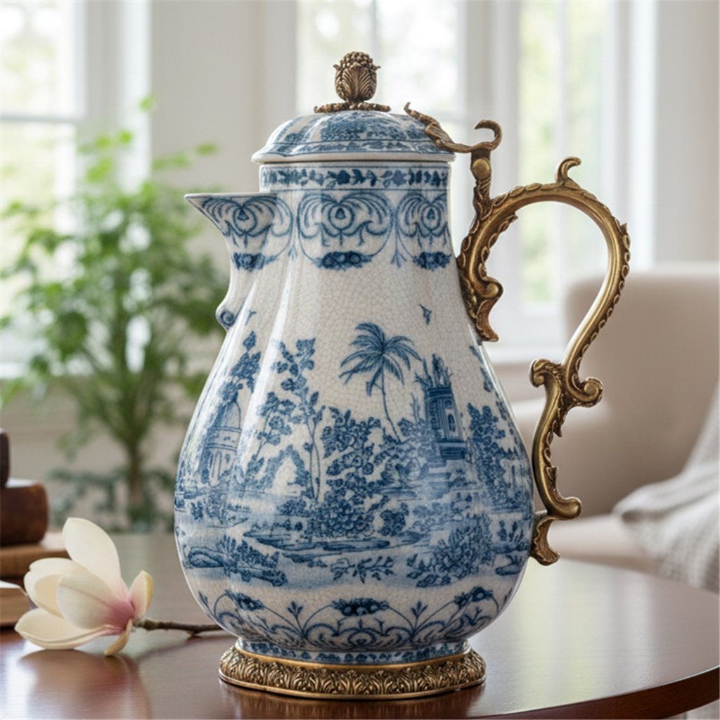 Danny's Fine Porcelain Home Decor Danny's Fine Porcelain Porcelain Hinged Lidded Pitcher with Bronze Ormolu - Blue Scroll
