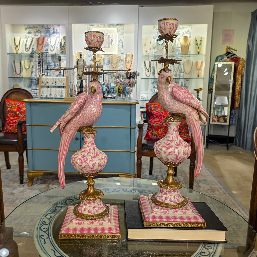 Danny's Fine Porcelain Home Decor Danny's Fine Porcelain Porcelain Left-Facing Parrot Candle Holder with Ormolu-Pink Floral