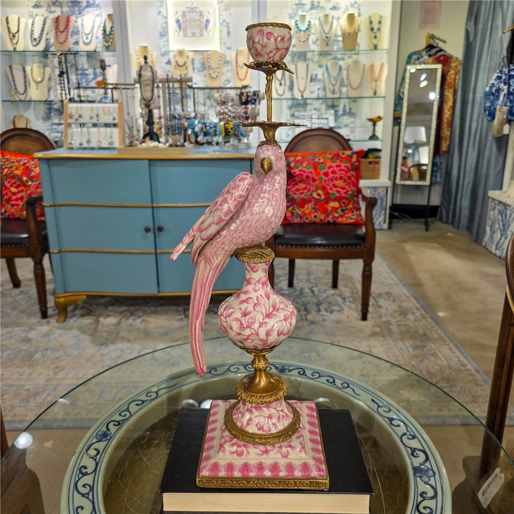 Danny's Fine Porcelain Home Decor Danny's Fine Porcelain Porcelain Left-Facing Parrot Candle Holder with Ormolu-Pink Floral