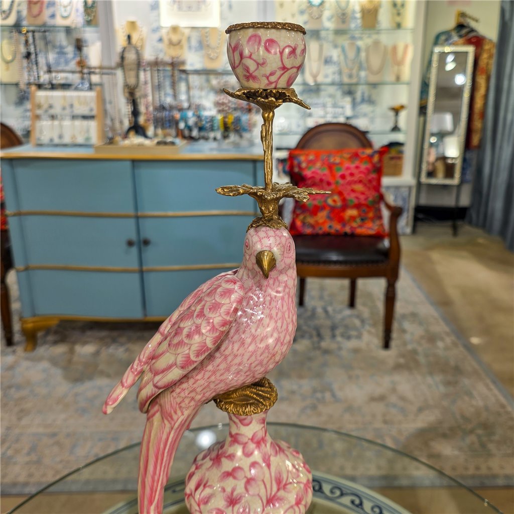 Danny's Fine Porcelain Home Decor Danny's Fine Porcelain Porcelain Left-Facing Parrot Candle Holder with Ormolu-Pink Floral