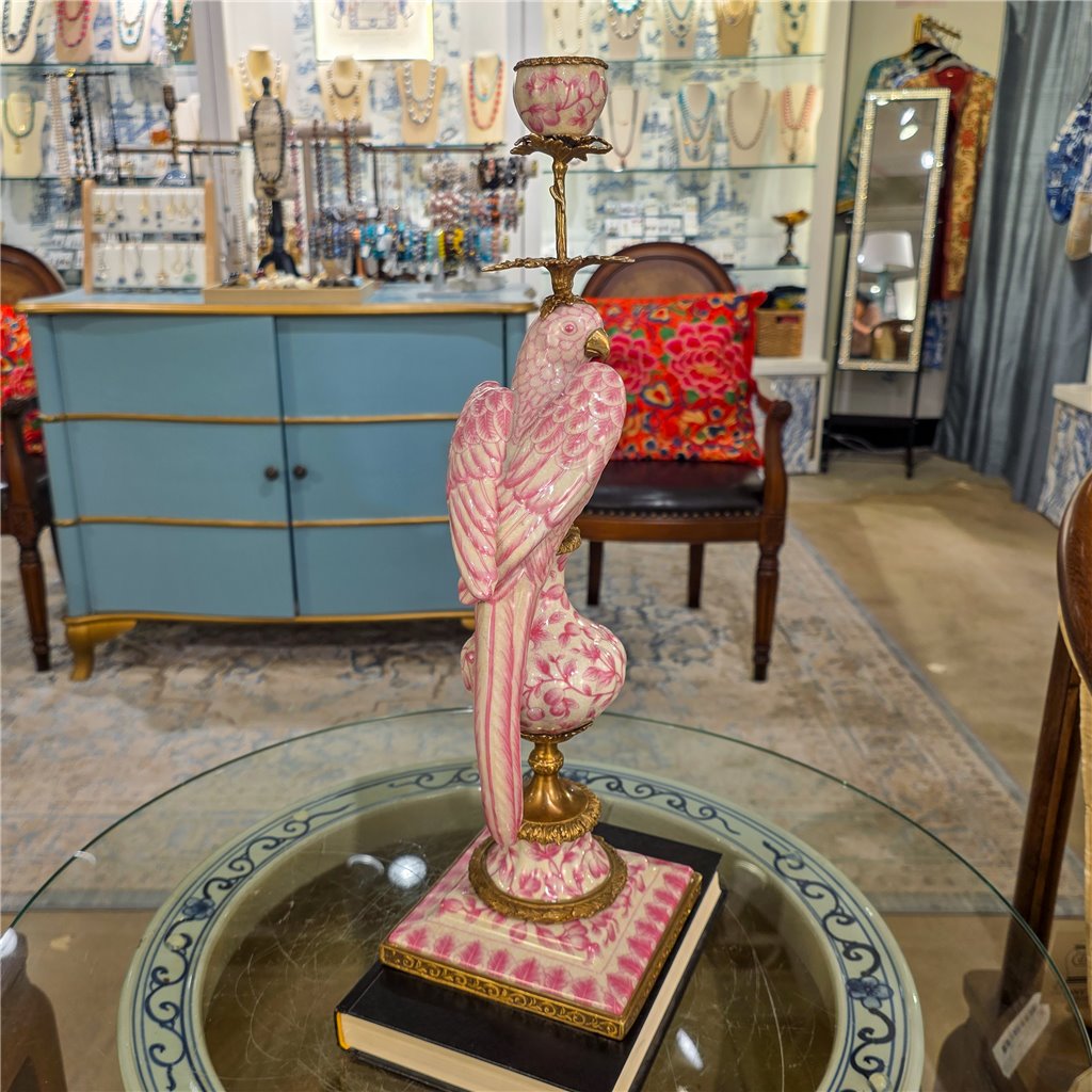 Danny's Fine Porcelain Home Decor Danny's Fine Porcelain Porcelain Left-Facing Parrot Candle Holder with Ormolu-Pink Floral