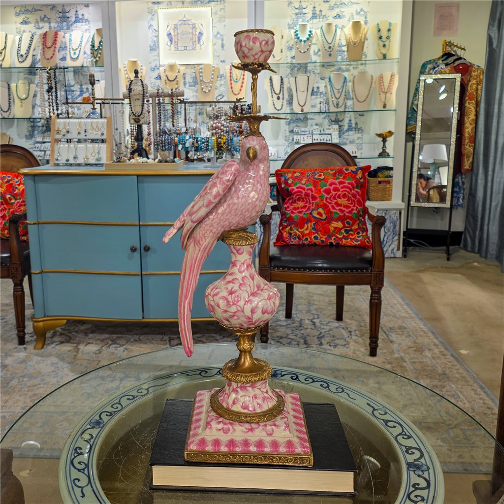 Danny's Fine Porcelain Home Decor Danny's Fine Porcelain Porcelain Left-Facing Parrot Candle Holder with Ormolu-Pink Floral