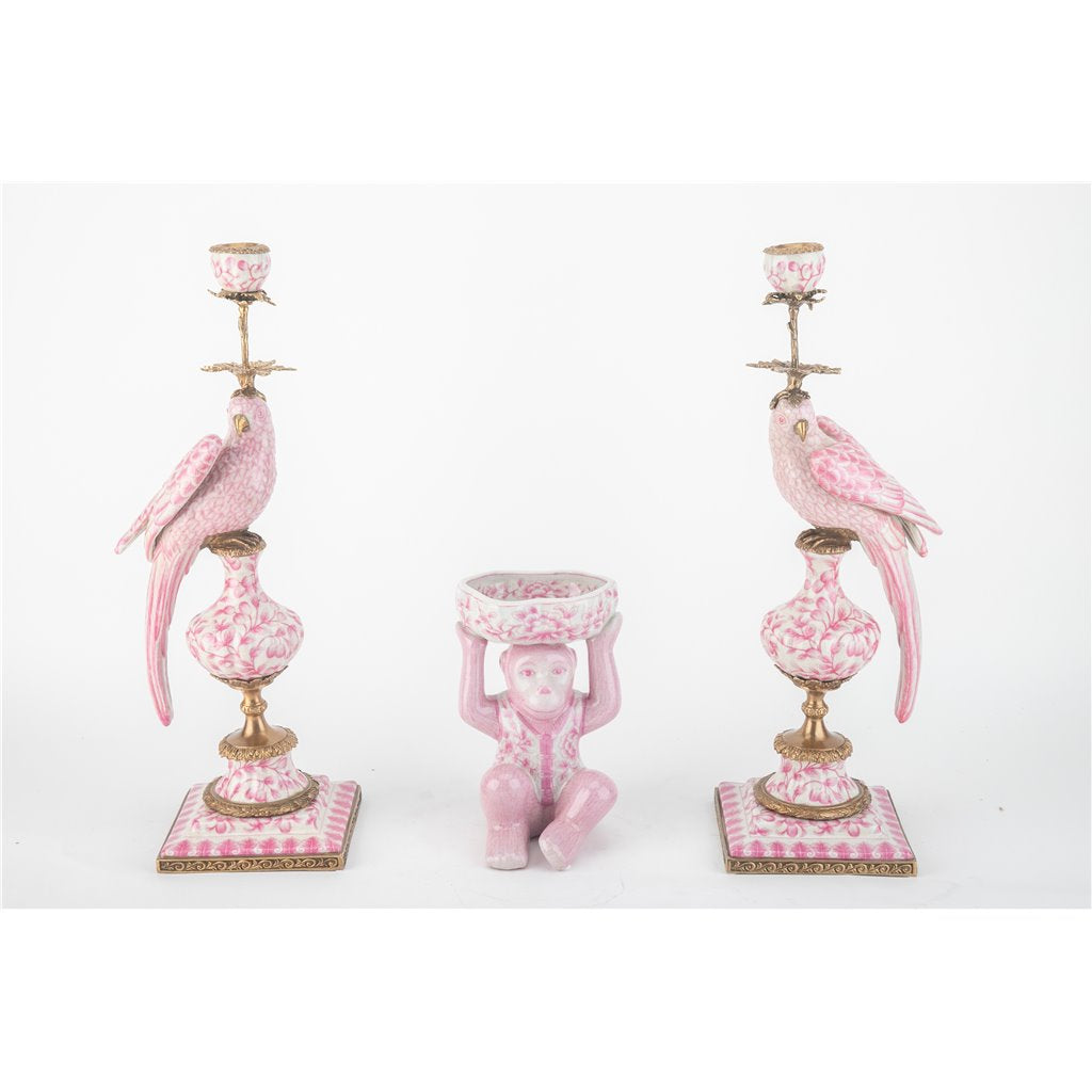 Danny's Fine Porcelain Home Decor Danny's Fine Porcelain Porcelain Left-Facing Parrot Candle Holder with Ormolu-Pink Floral
