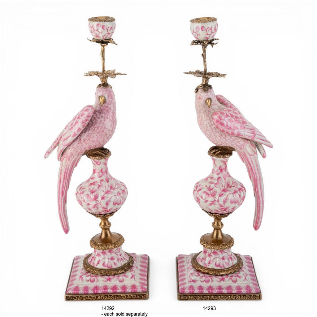 Danny's Fine Porcelain Home Decor Danny's Fine Porcelain Porcelain Left-Facing Parrot Candle Holder with Ormolu-Pink Floral