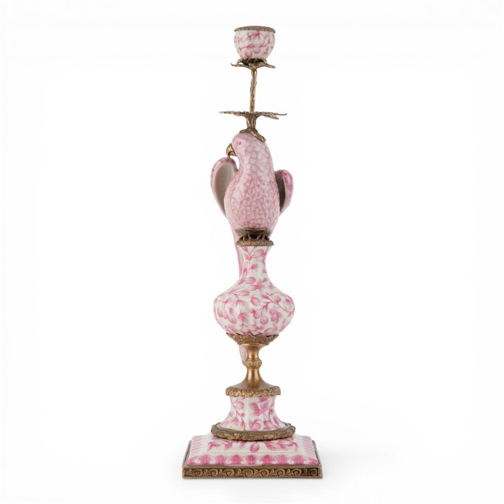 Danny's Fine Porcelain Home Decor Danny's Fine Porcelain Porcelain Left-Facing Parrot Candle Holder with Ormolu-Pink Floral