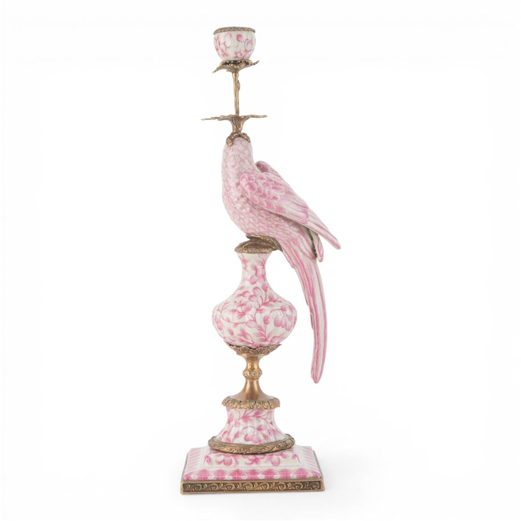 Danny's Fine Porcelain Home Decor Danny's Fine Porcelain Porcelain Left-Facing Parrot Candle Holder with Ormolu-Pink Floral