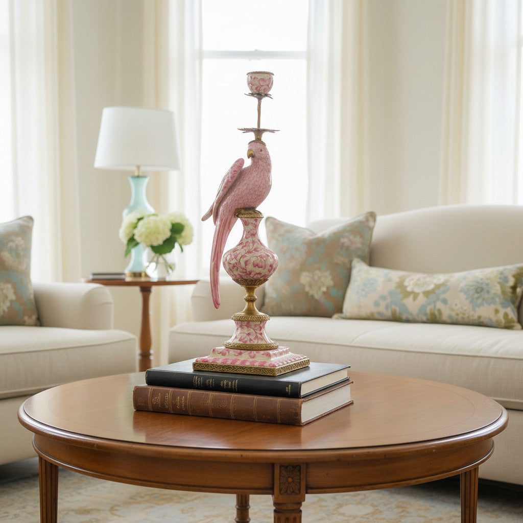 Danny's Fine Porcelain Home Decor Danny's Fine Porcelain Porcelain Left-Facing Parrot Candle Holder with Ormolu-Pink Floral