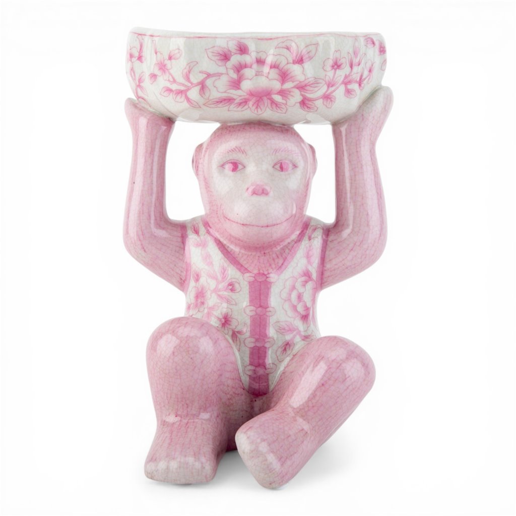 Danny's Fine Porcelain Home Decor Danny's Fine Porcelain Porcelain Monkey Figure Bowl-Pink Floral