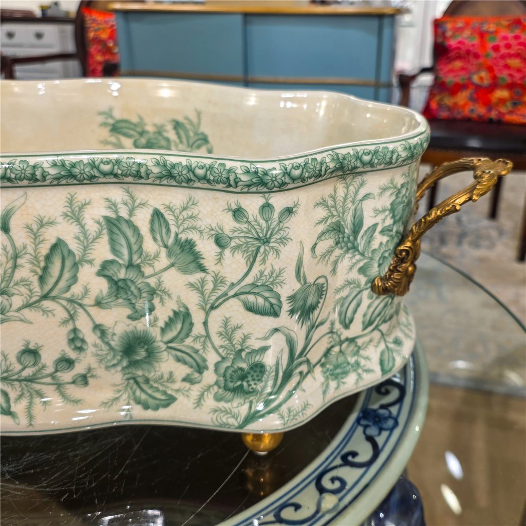 Danny's Fine Porcelain Home Decor Danny's Fine Porcelain Porcelain Oval Basin with Ormolu Handles-Green Primrose