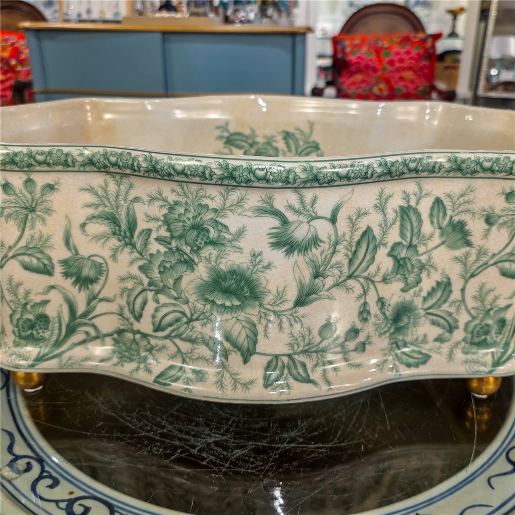 Danny's Fine Porcelain Home Decor Danny's Fine Porcelain Porcelain Oval Basin with Ormolu Handles-Green Primrose
