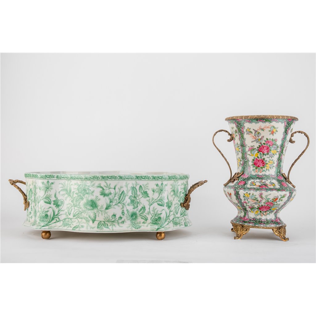 Danny's Fine Porcelain Home Decor Danny's Fine Porcelain Porcelain Oval Basin with Ormolu Handles-Green Primrose