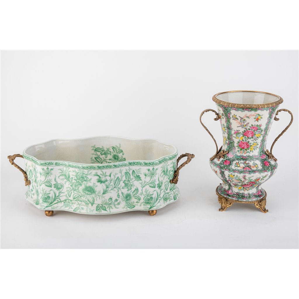 Danny's Fine Porcelain Home Decor Danny's Fine Porcelain Porcelain Oval Basin with Ormolu Handles-Green Primrose