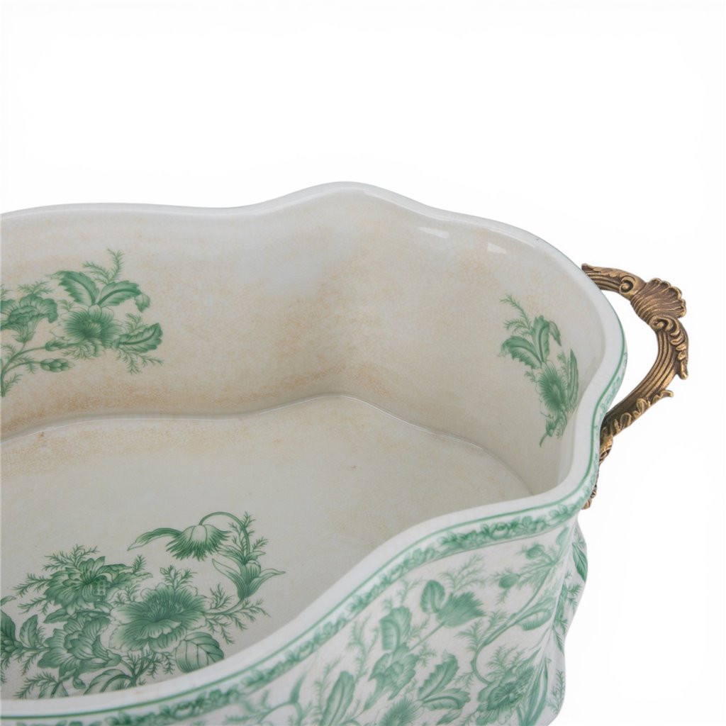 Danny's Fine Porcelain Home Decor Danny's Fine Porcelain Porcelain Oval Basin with Ormolu Handles-Green Primrose