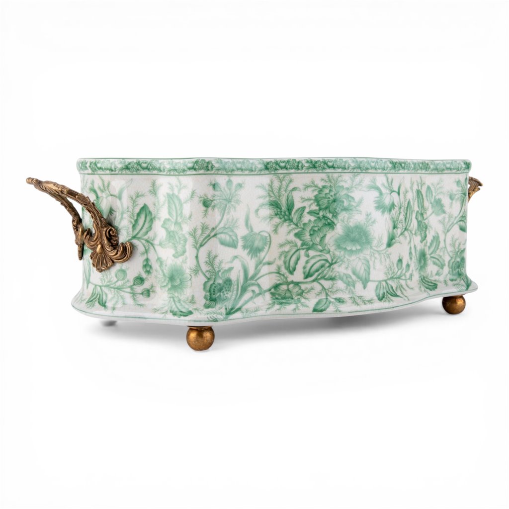 Danny's Fine Porcelain Home Decor Danny's Fine Porcelain Porcelain Oval Basin with Ormolu Handles-Green Primrose