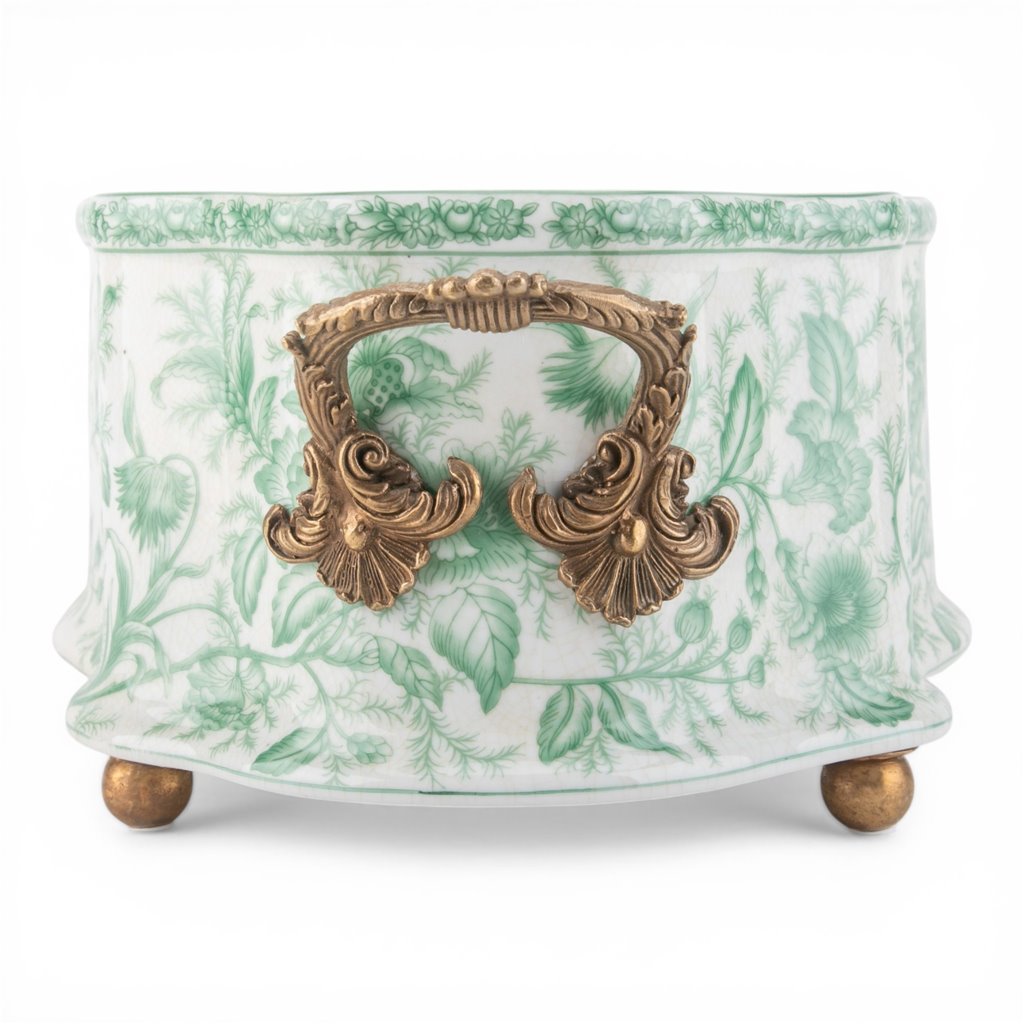 Danny's Fine Porcelain Home Decor Danny's Fine Porcelain Porcelain Oval Basin with Ormolu Handles-Green Primrose