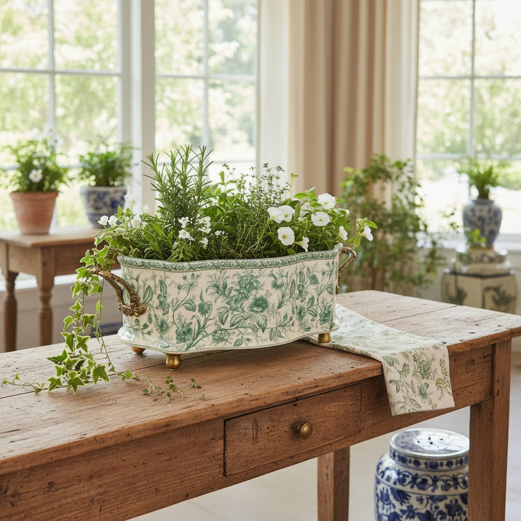Danny's Fine Porcelain Home Decor Danny's Fine Porcelain Porcelain Oval Basin with Ormolu Handles-Green Primrose