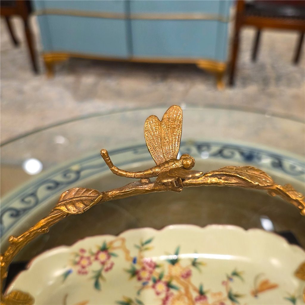Danny's Fine Porcelain Home Decor Danny's Fine Porcelain Porcelain Oval Basket with Ormolu Handle-Floral Vine