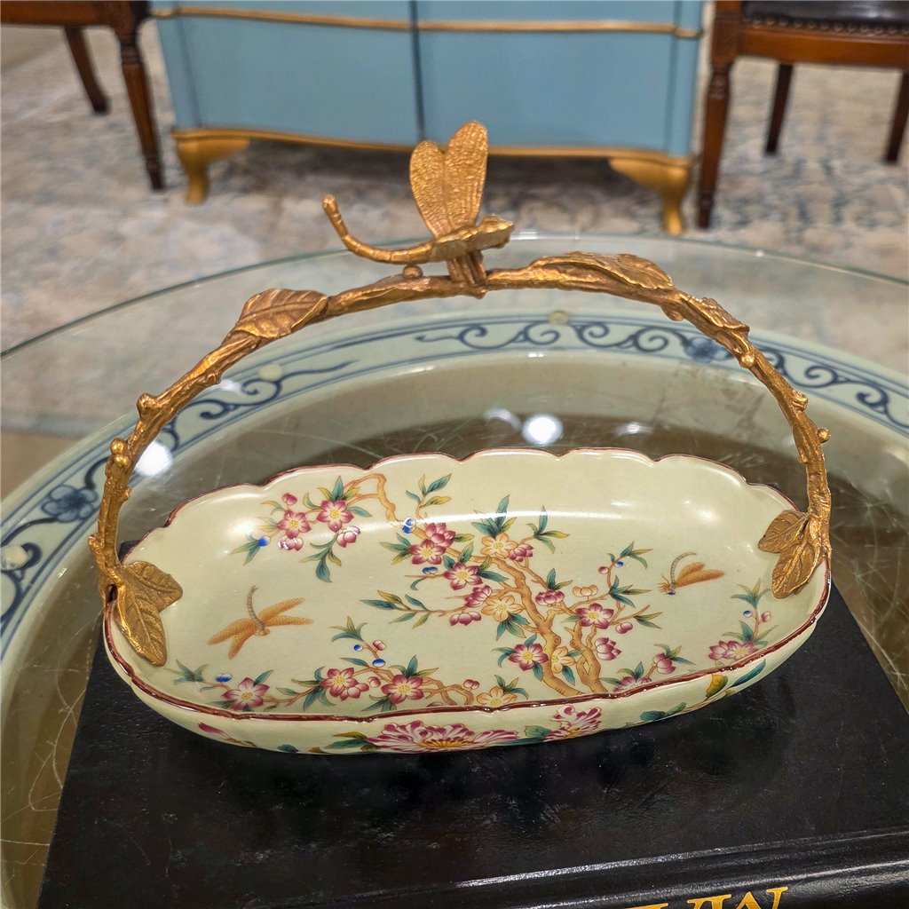 Danny's Fine Porcelain Home Decor Danny's Fine Porcelain Porcelain Oval Basket with Ormolu Handle-Floral Vine