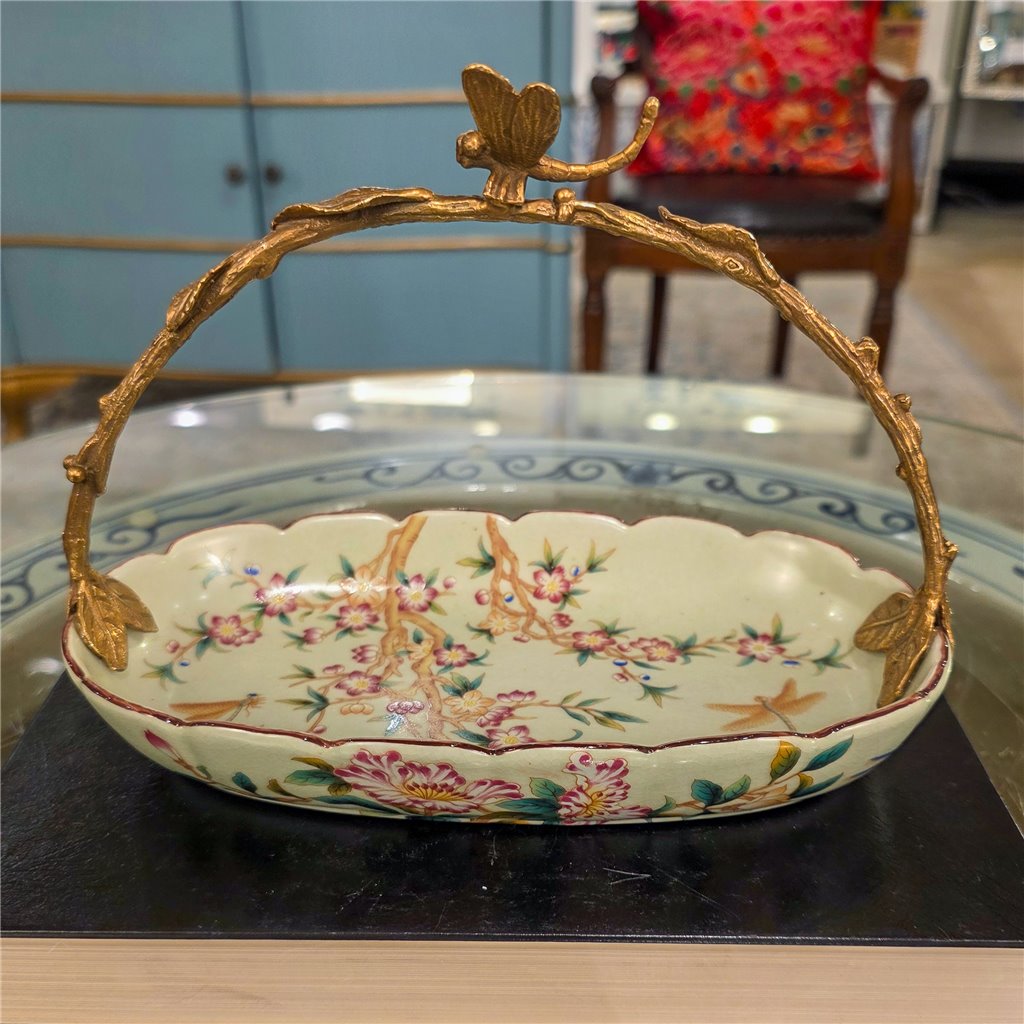 Danny's Fine Porcelain Home Decor Danny's Fine Porcelain Porcelain Oval Basket with Ormolu Handle-Floral Vine