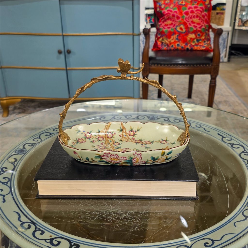 Danny's Fine Porcelain Home Decor Danny's Fine Porcelain Porcelain Oval Basket with Ormolu Handle-Floral Vine