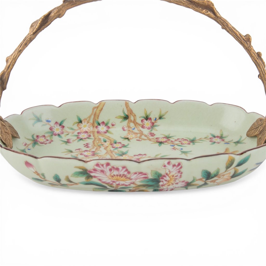 Danny's Fine Porcelain Home Decor Danny's Fine Porcelain Porcelain Oval Basket with Ormolu Handle-Floral Vine