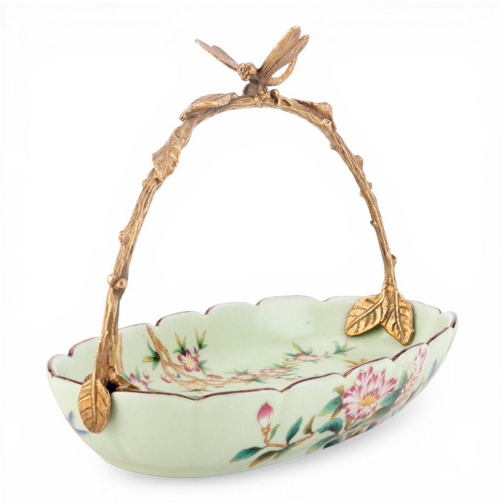 Danny's Fine Porcelain Home Decor Danny's Fine Porcelain Porcelain Oval Basket with Ormolu Handle-Floral Vine