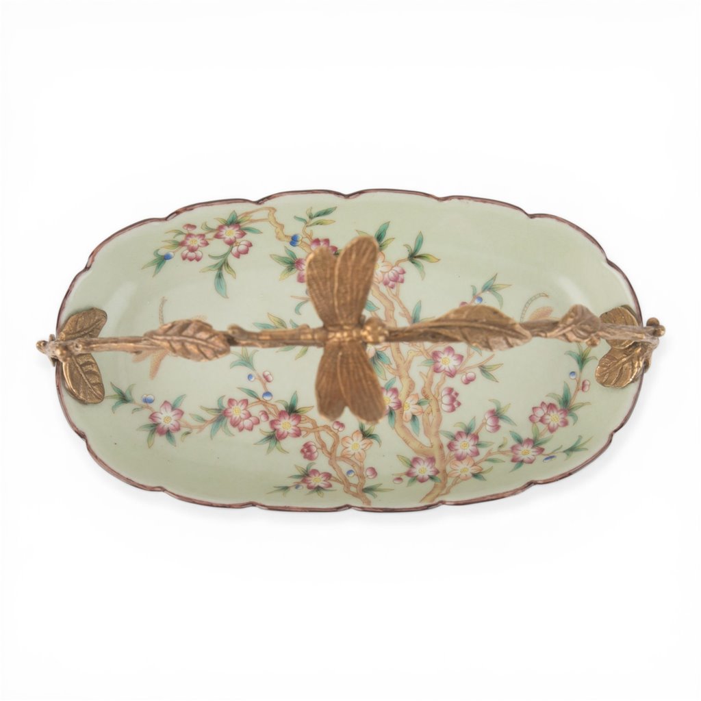 Danny's Fine Porcelain Home Decor Danny's Fine Porcelain Porcelain Oval Basket with Ormolu Handle-Floral Vine