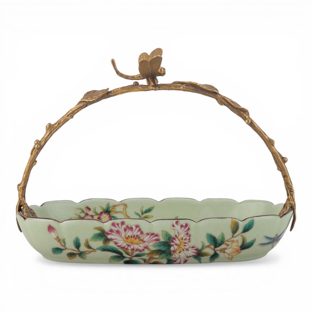 Danny's Fine Porcelain Home Decor Danny's Fine Porcelain Porcelain Oval Basket with Ormolu Handle-Floral Vine