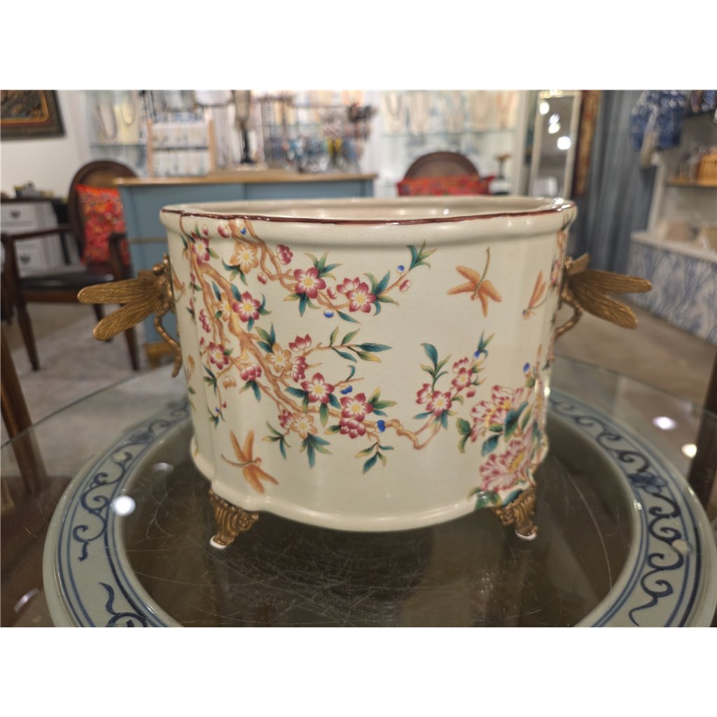 Danny's Fine Porcelain Home Decor Danny's Fine Porcelain Porcelain Oval Planter with Ormolu Dragonfly Handles-Floral Vine