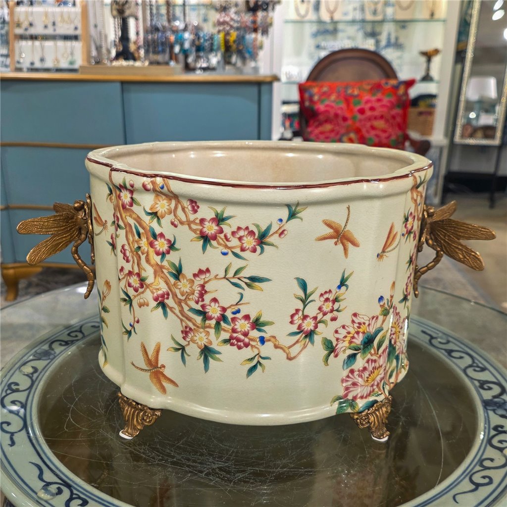 Danny's Fine Porcelain Home Decor Danny's Fine Porcelain Porcelain Oval Planter with Ormolu Dragonfly Handles-Floral Vine