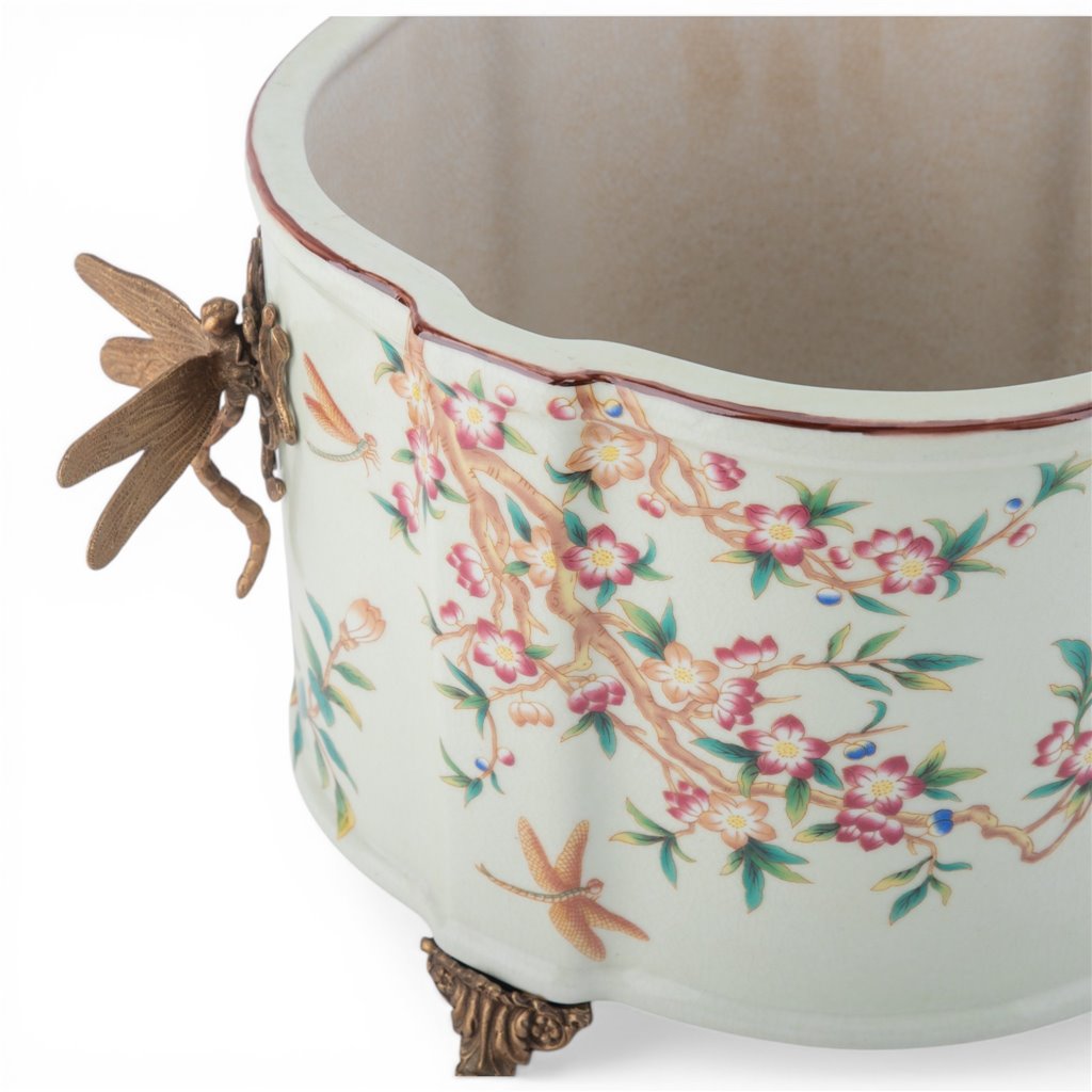 Danny's Fine Porcelain Home Decor Danny's Fine Porcelain Porcelain Oval Planter with Ormolu Dragonfly Handles-Floral Vine
